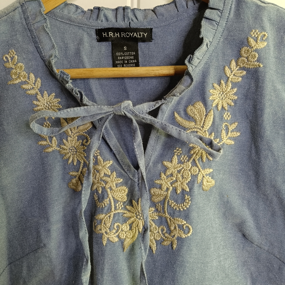 Small HRH Royalty denim-look blouse Cotton Peasant Cottage Bohemian Festival Cas